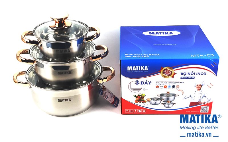 Nồi inox cao cấp 3 đáy Matika MTK-C3 bộ 3 nồi dùng được trên bếp từ