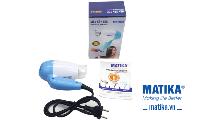 Máy sấy tóc Matika MTK-3312 nhỏ gọn 2 mức nhiệt sấy linh hoạt