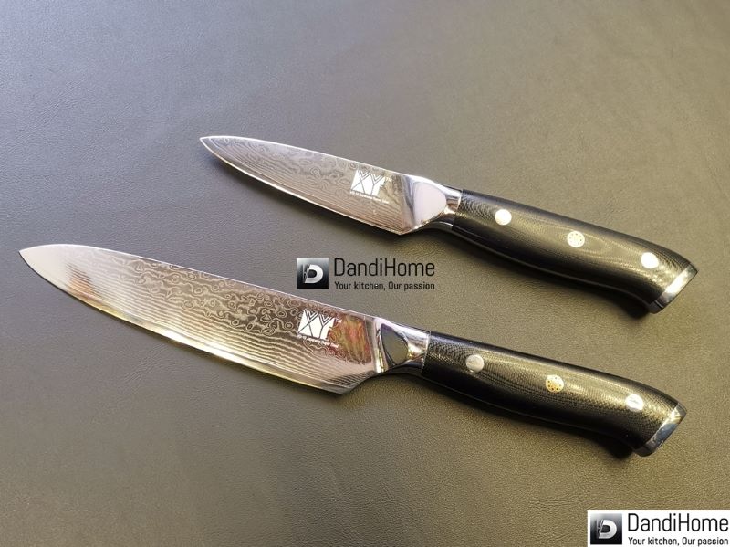 Combo 02 dao V10 cán G10: Paring Knife 3,5″ và Utility Knife 5,5″ Damascus
